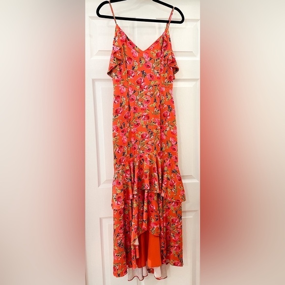 Keepsake the Label For Me Gown Tangerine Orange Floral Ruffle Trim Satin Dress - Picture 7 of 11